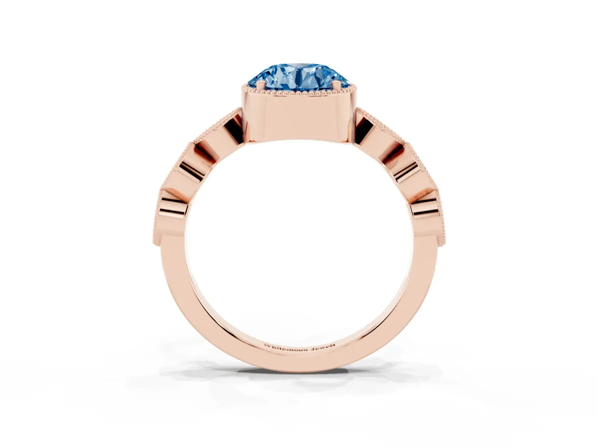 Fancy Blue Round Cut Diamond Vintage Milgrain Ring with Round Stations Rose gold