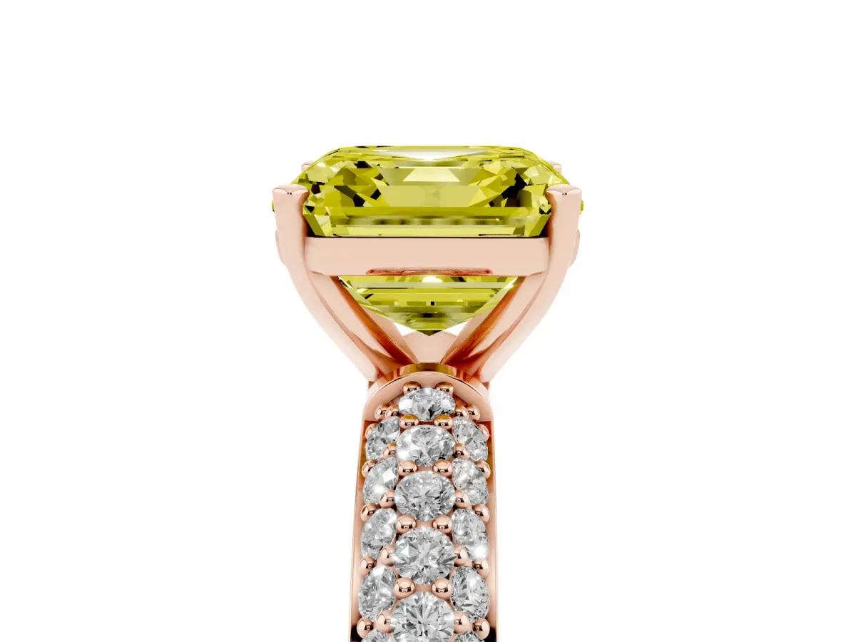 Fancy Yellow Asscher Cut Diamond Solitaire Ring with Prong Setting and Pavé Band Rose gold