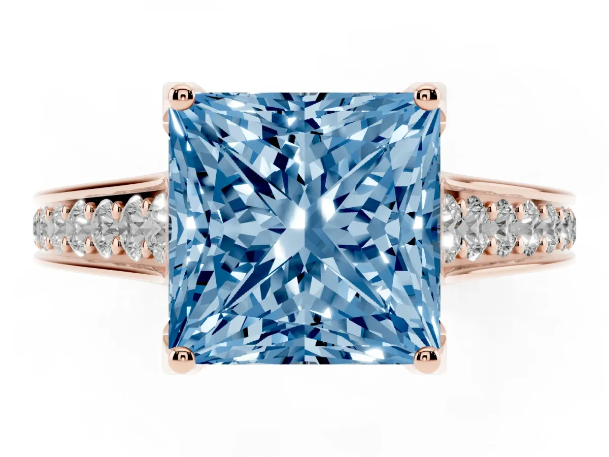 Fancy Blue Princess Cut Brilliant Cut Diamond Engagement Ring with Pavé Band and Four-Prong Setting Rose gold