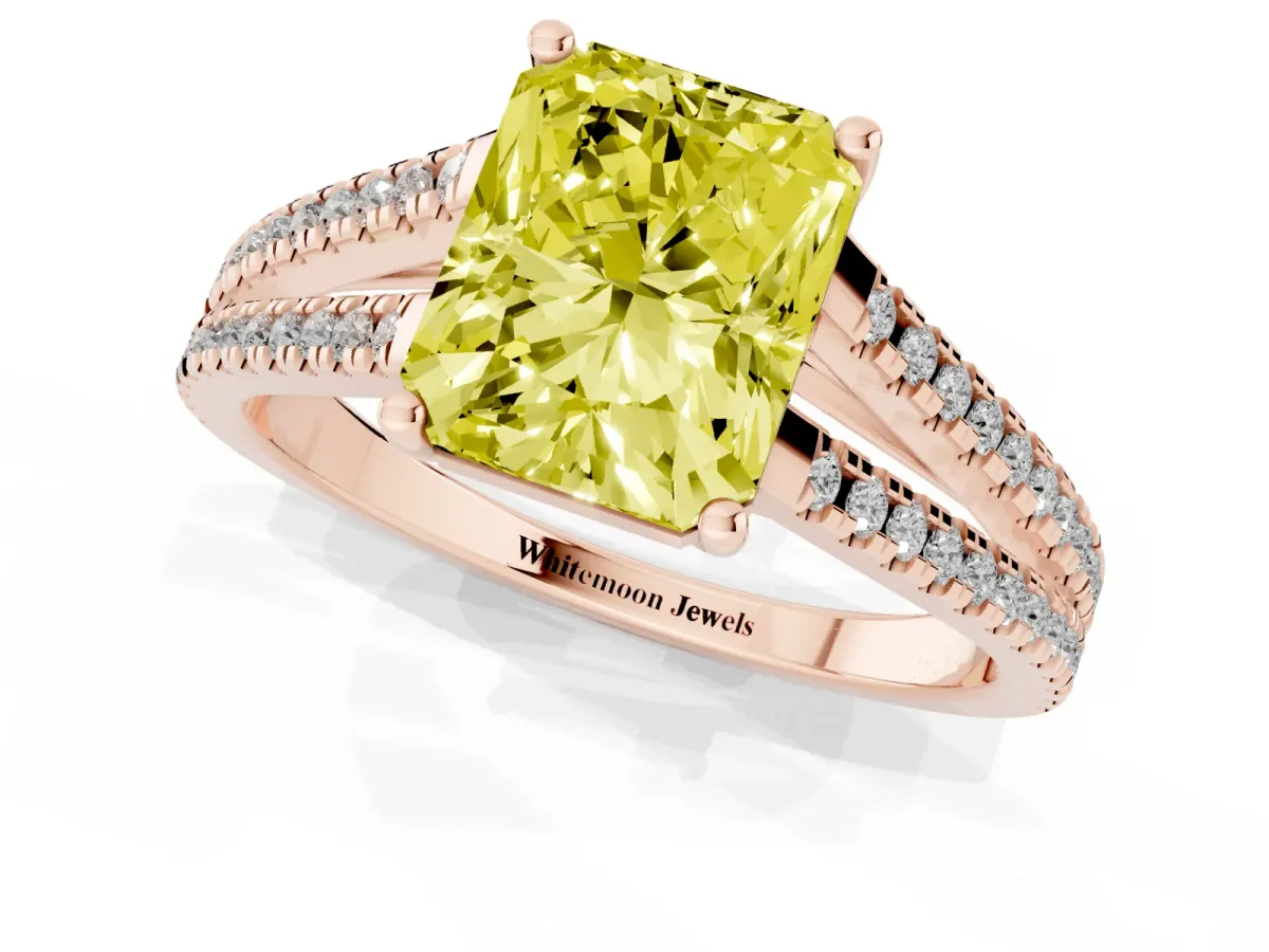 Fancy Yellow Radiant Cut Diamond Solitaire Engagement Ring with Split Shank Pavé Band Rose gold