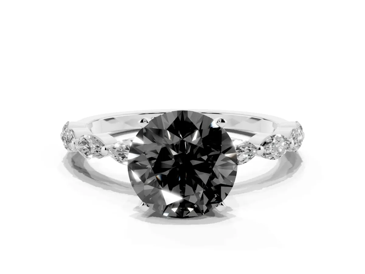 Fancy Black Round Cut Diamond Ring with Marquise Side Stones and Prong Setting Silver