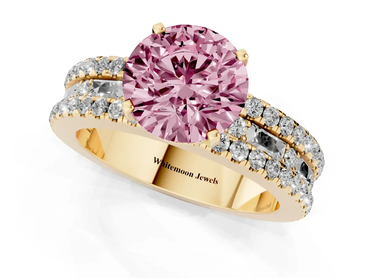 Fancy Pink Round Cut Diamond Solitaire Ring with Pavé and Channel Set Band Yellow gold