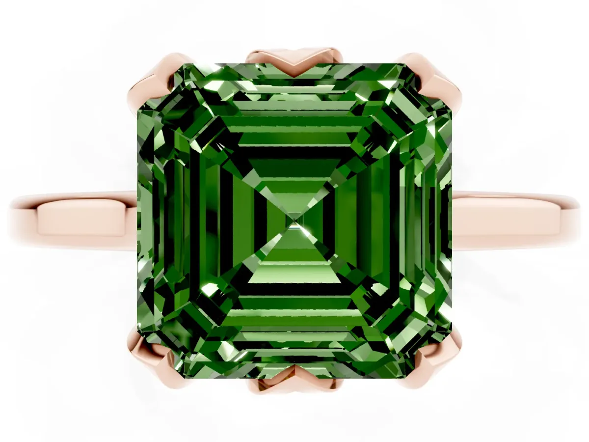 Fancy Green Asscher Cut Diamond Solitaire Ring with Flower Prong Setting and Classic Band Rose gold