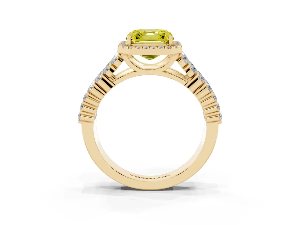 Fancy Yellow Asscher Cut Diamond Halo Engagement Ring with Triple Row Round Pavé Band and Prong Setting Yellow gold