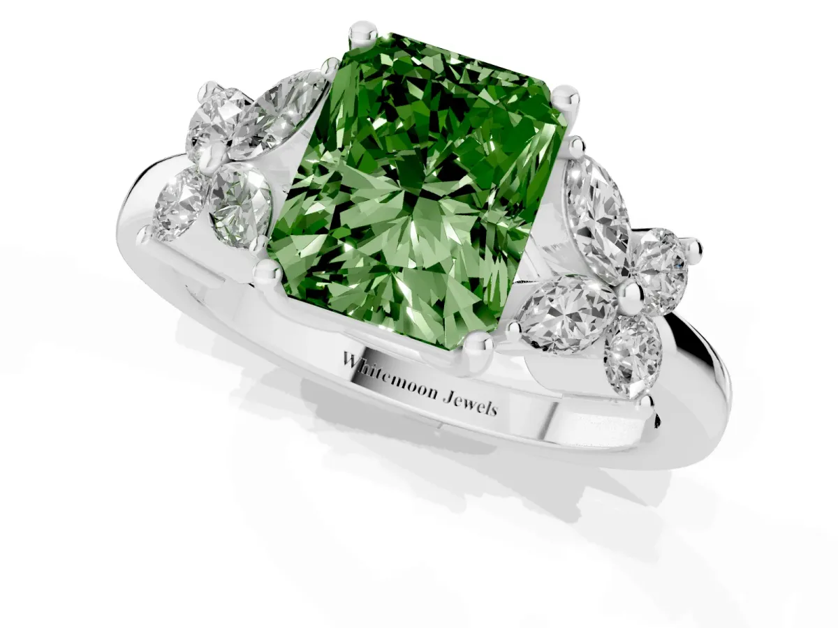 Fancy Green Radiant Cut Diamond Floral Cluster Ring with Solitaire Band and Prong Setting Platinum