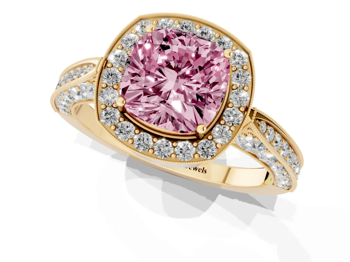 Fancy Pink Cushion Cut Halo Diamond Engagement Ring with Split Shank Band and Four-Prong Setting Yellow gold