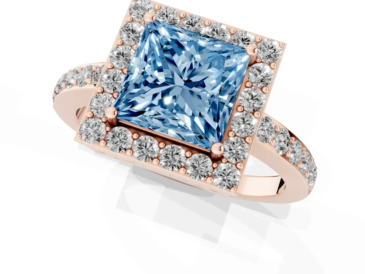 Fancy Blue Princess Cut Halo Diamond Pavé Band Ring with Prong Setting Rose gold