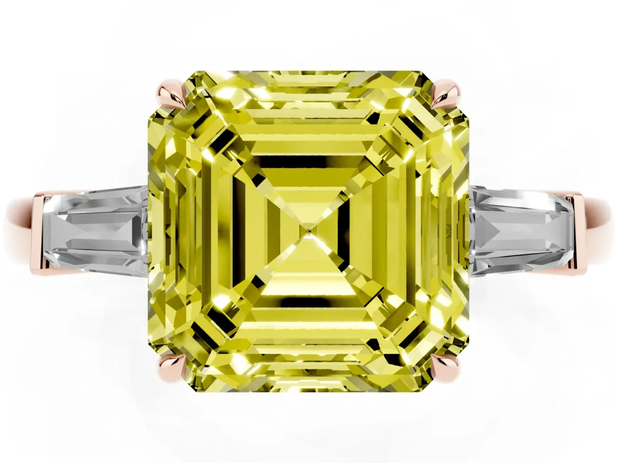 Fancy Yellow Asscher Cut Diamond Three-Stone Ring with Tapered Baguette Side Stones and Prong Setting Rose gold