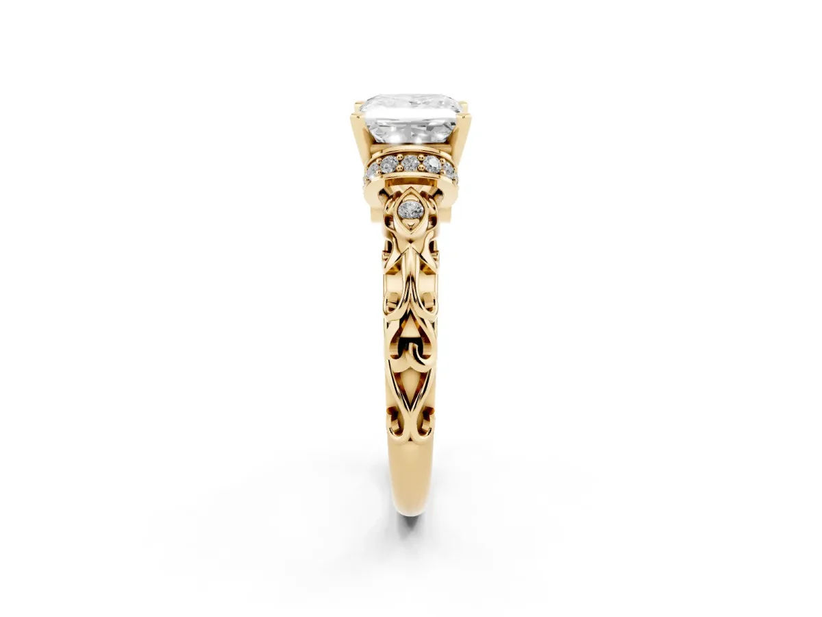 Princess Cut Diamond Solitaire Ring with Filigree Band and Four-Prong Setting Yellow gold