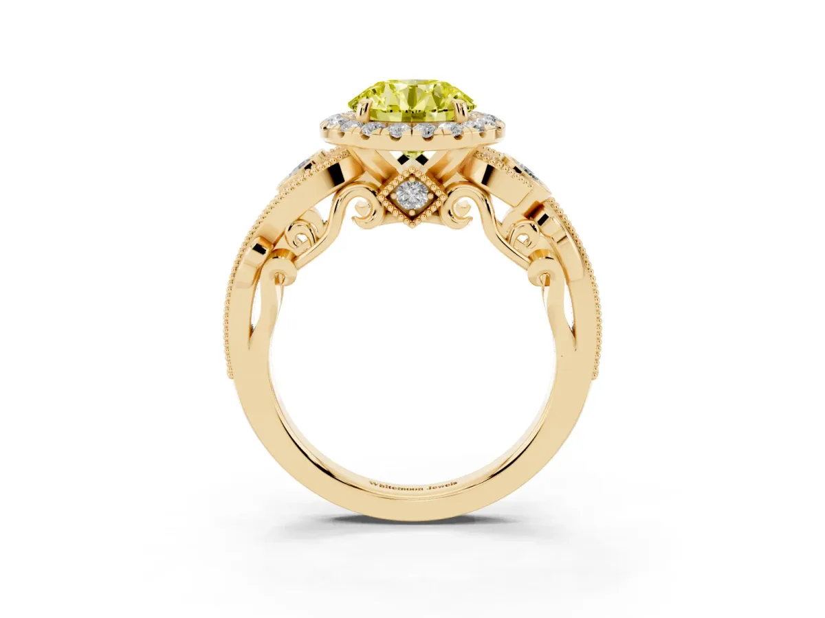 Fancy Yellow Round Cut Halo Diamond Ring with Milgrain and Bezel Accents on a Split Shank Band Yellow gold