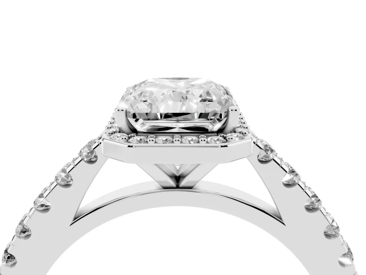 Radiant Cut Cut Halo Diamond Engagement Ring with Pave Band and Four-Prong Setting Silver