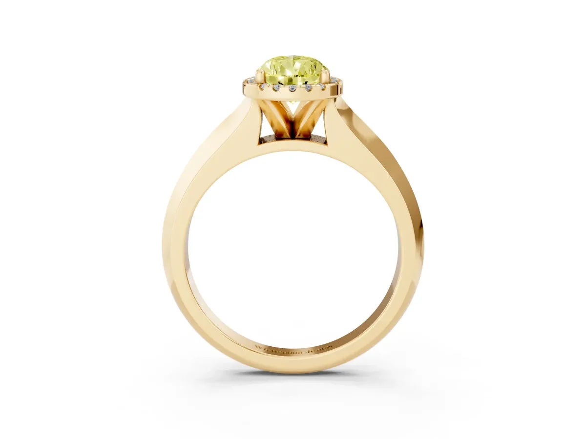Fancy Yellow Pear Cut Halo Diamond Ring with Cathedral Band and Four-Prong Setting Yellow gold