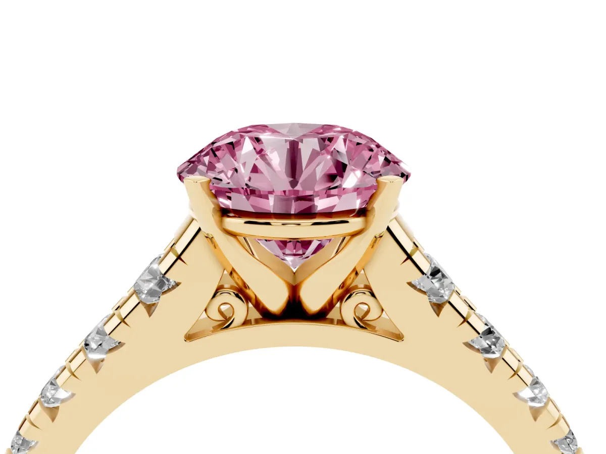 Fancy Pink Round Cut Diamond Cathedral Solitaire Ring with Round Pavé Band Yellow gold