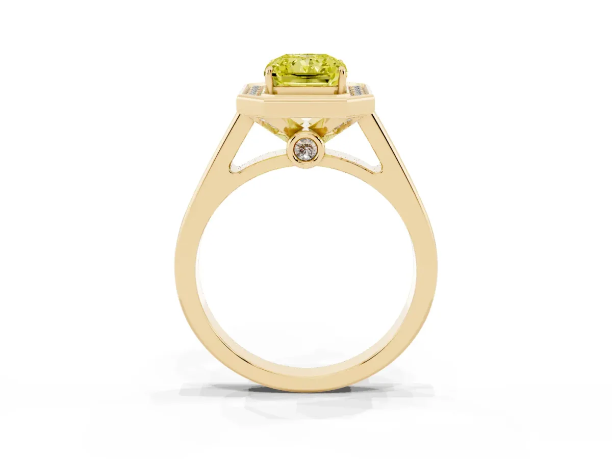 Fancy Yellow Emerald Cut Halo Solitaire Diamond Ring with Pave Band and Bezel Setting Yellow gold