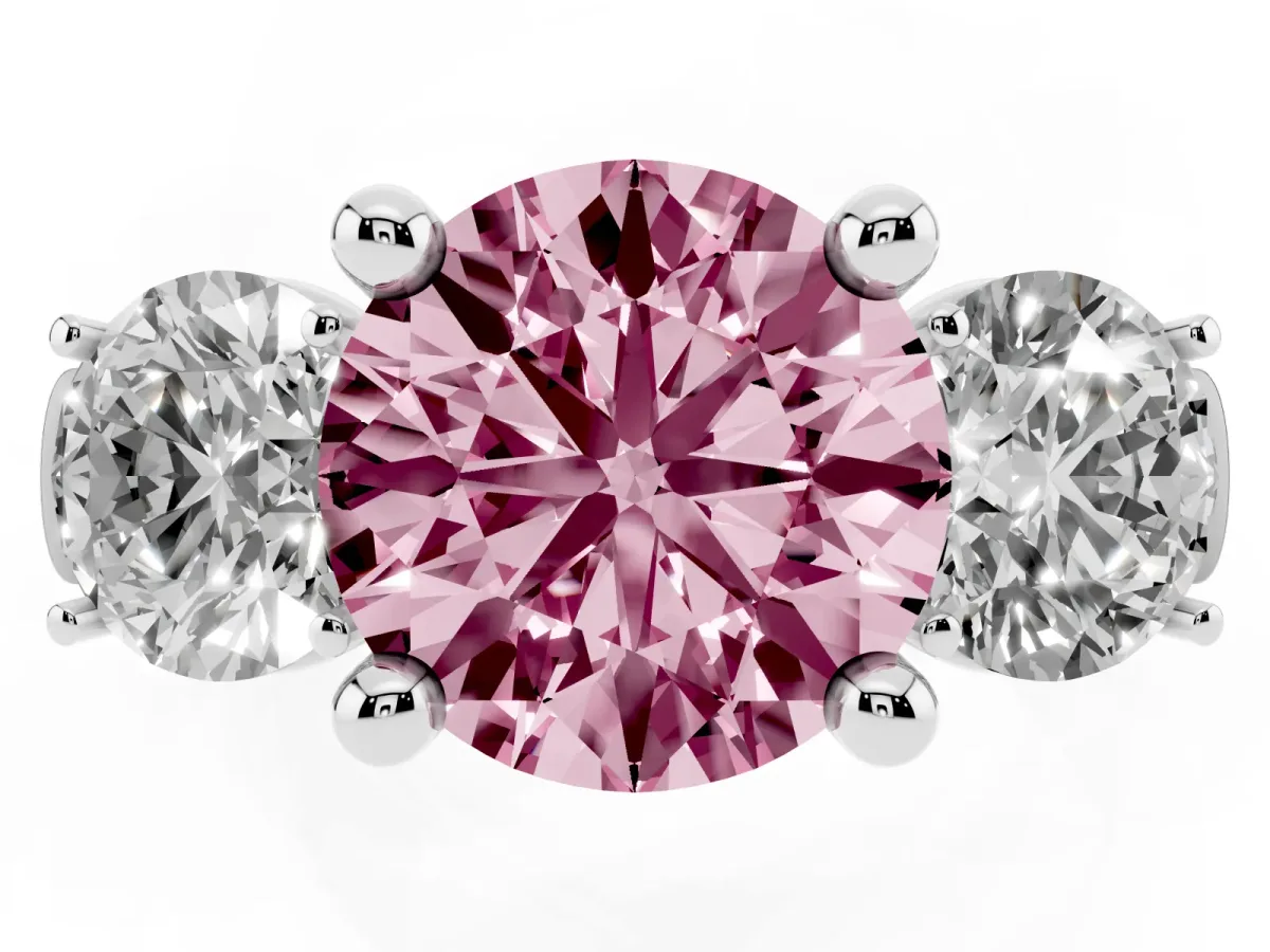 Fancy Pink Three-Stone Round Cut Brilliant Diamond Trellis Ring with Comfort Fit Band Platinum