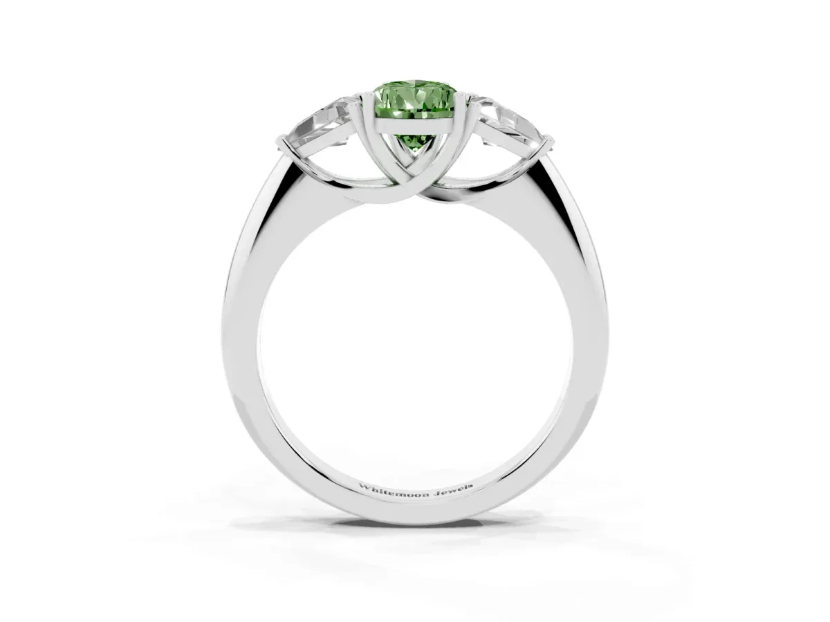 Fancy Green Three-Stone Pear Cut Diamond Engagement Ring with Trillion Side Stones and Prong Setting Silver
