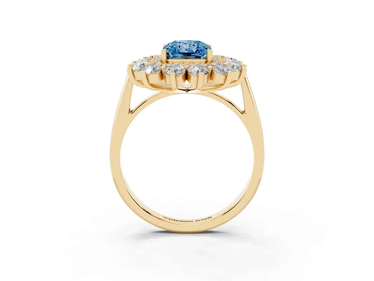 Fancy Blue Radiant Cut Diamond Floral Double Halo Engagement Ring with Prong Setting Yellow gold