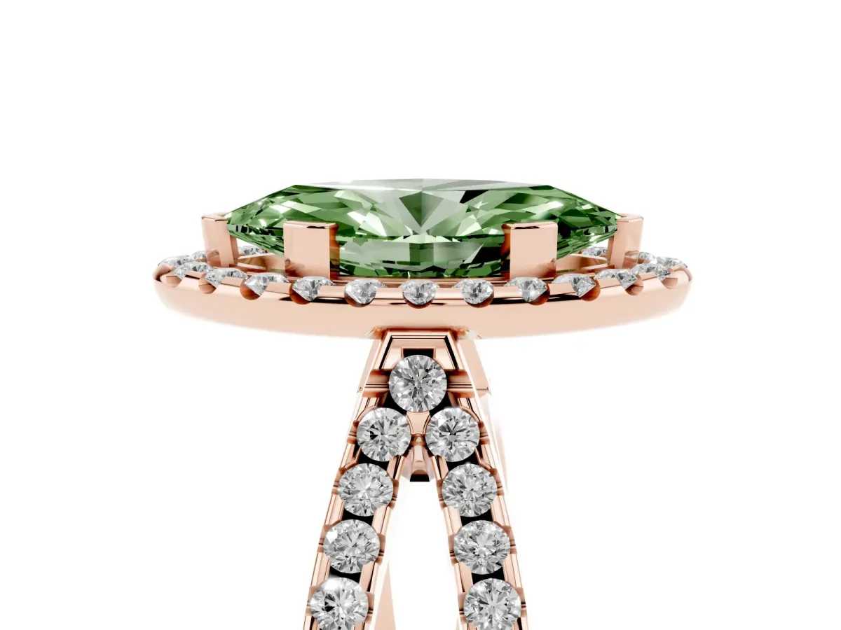 Fancy Green Marquise Cut Diamond Halo Ring with Split Shank Pavé Band and Prong Setting Rose gold