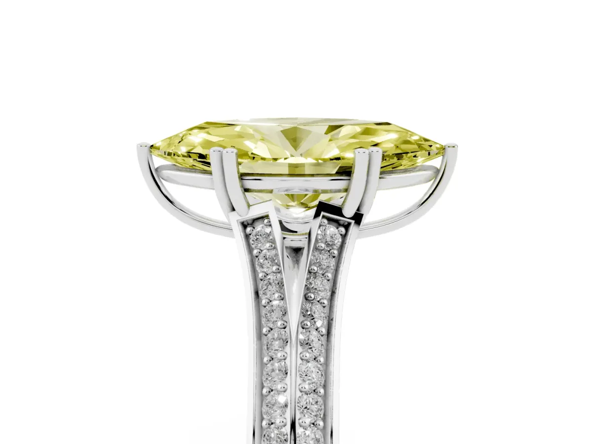 Fancy Yellow Marquise Cut Diamond Split Shank Engagement Ring with Pavé Band Silver