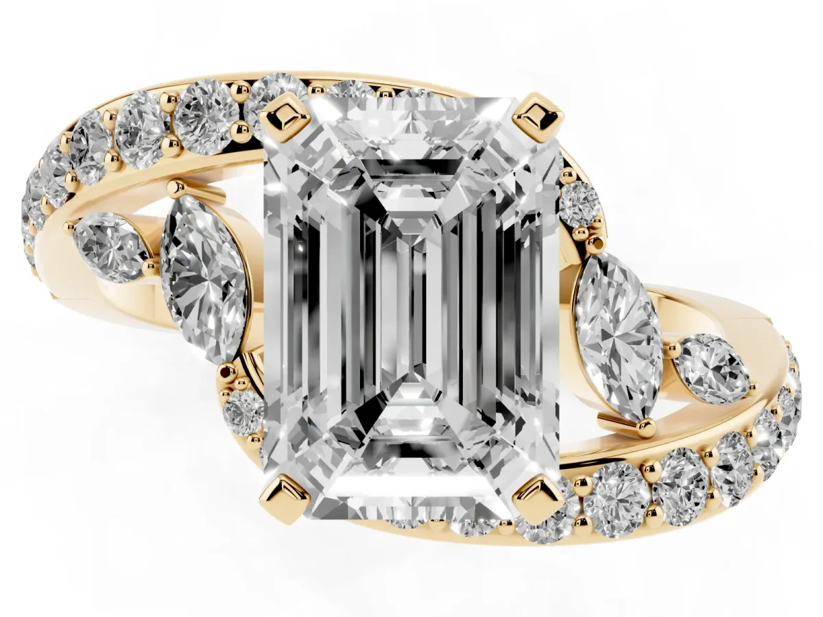 Emerald Cut Solitaire with Pavé Twist Band and Four-Prong Setting Yellow gold