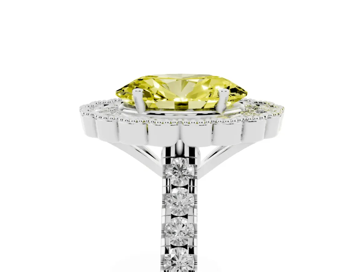 Fancy Yellow Oval Cut Cut Diamond Milgrain Floral Halo Engagement Ring with Pavé Band White gold
