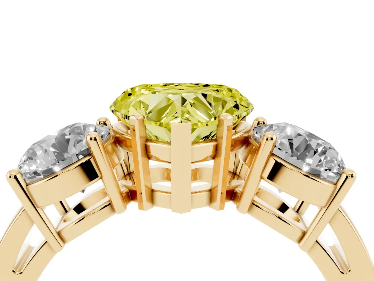 Fancy Yellow Three-Stone Heart Cut Diamond Ring with Round Side Stones, Classic Band, and Four-Prong Setting Yellow gold