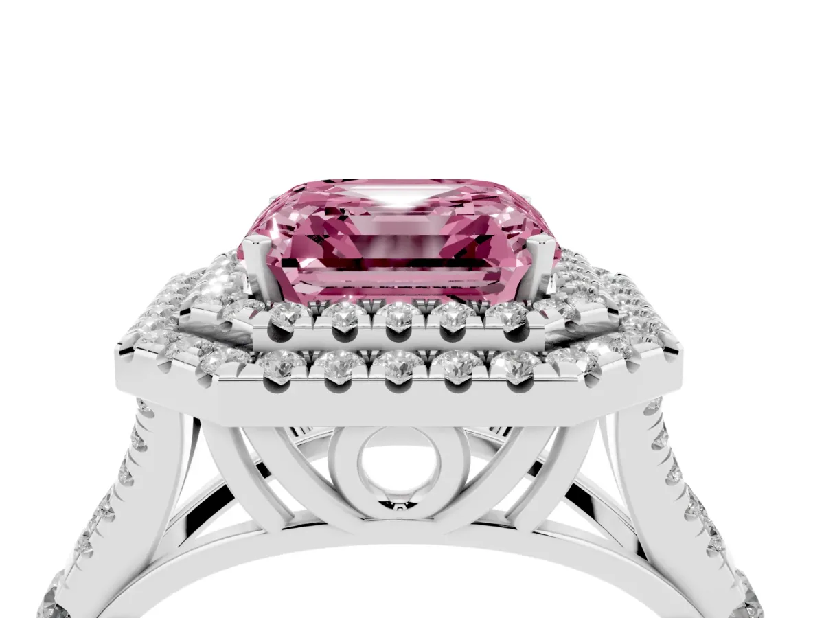 Fancy Pink Asscher Cut Diamond Pavé Split Shank Double Halo Engagement Ring Silver