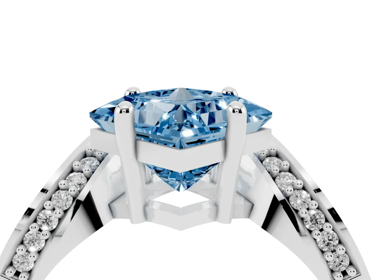 Fancy Blue Princess Cut Solitaire Diamond Engagement Ring with Pave Band and Four-Prong Setting Silver