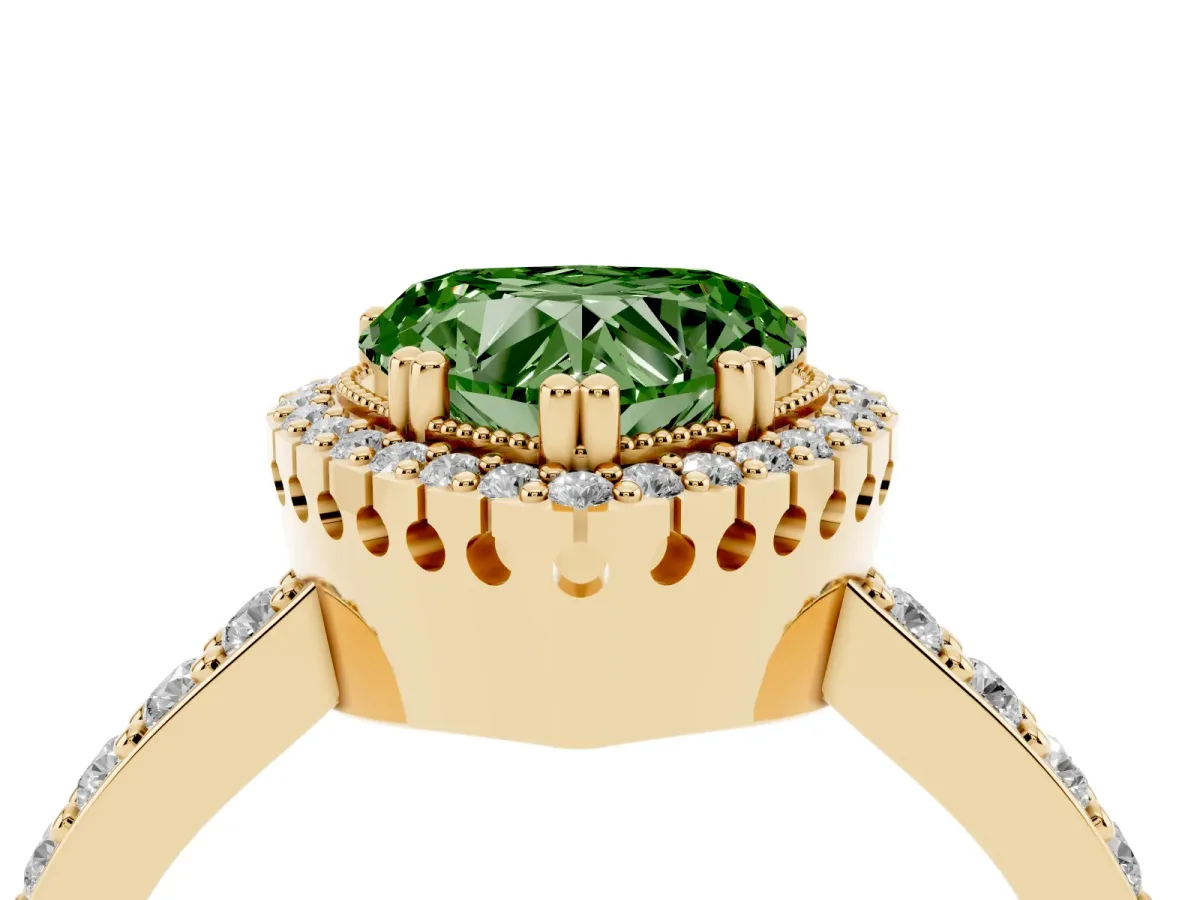Fancy Green Heart Cut Cut Diamond Halo Engagement Ring with Milgrain Detail and Pavé Band Yellow gold
