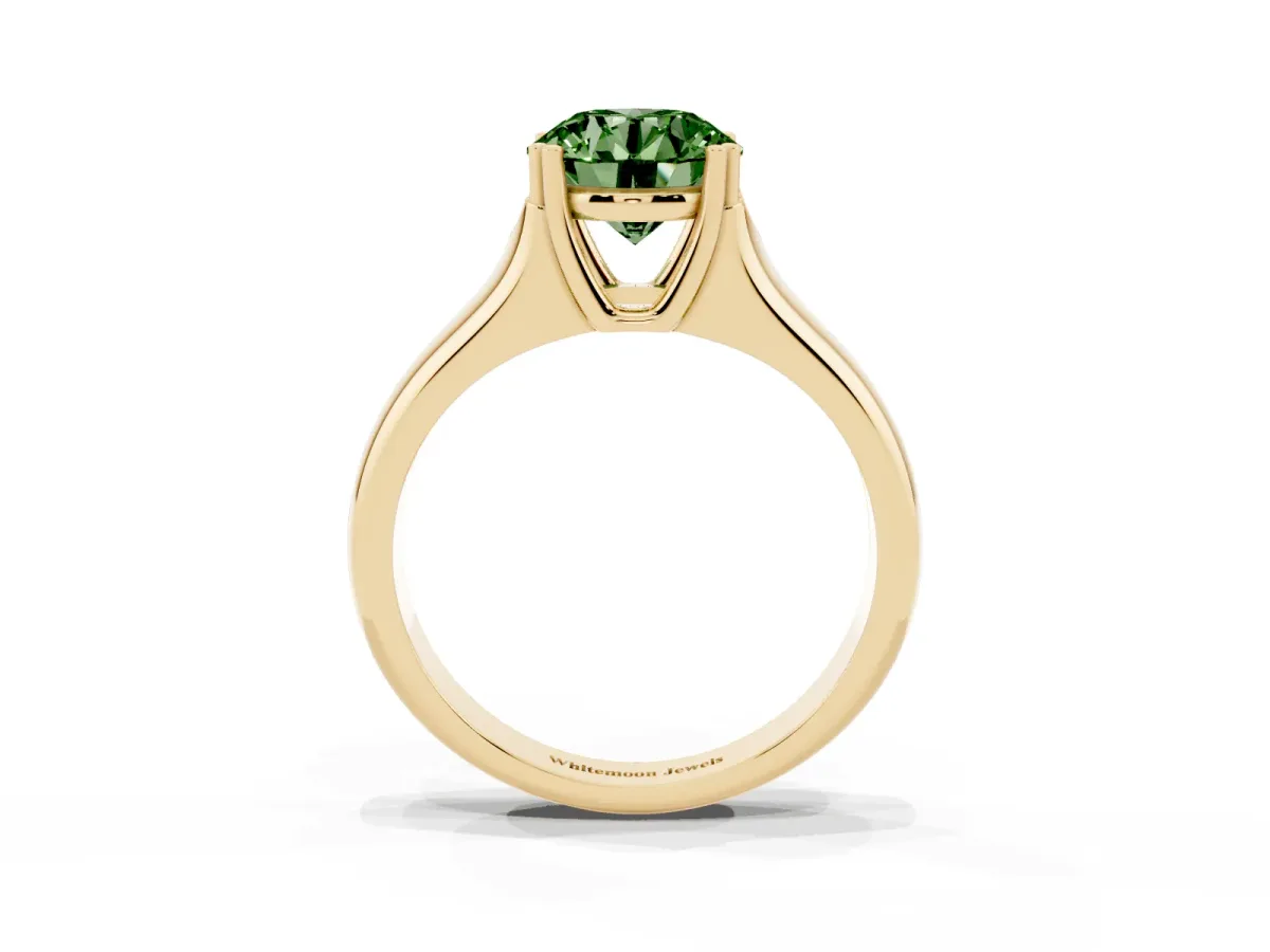 Fancy Green Round Cut Diamond Solitaire Ring with Wide Band and Prong Setting Yellow gold