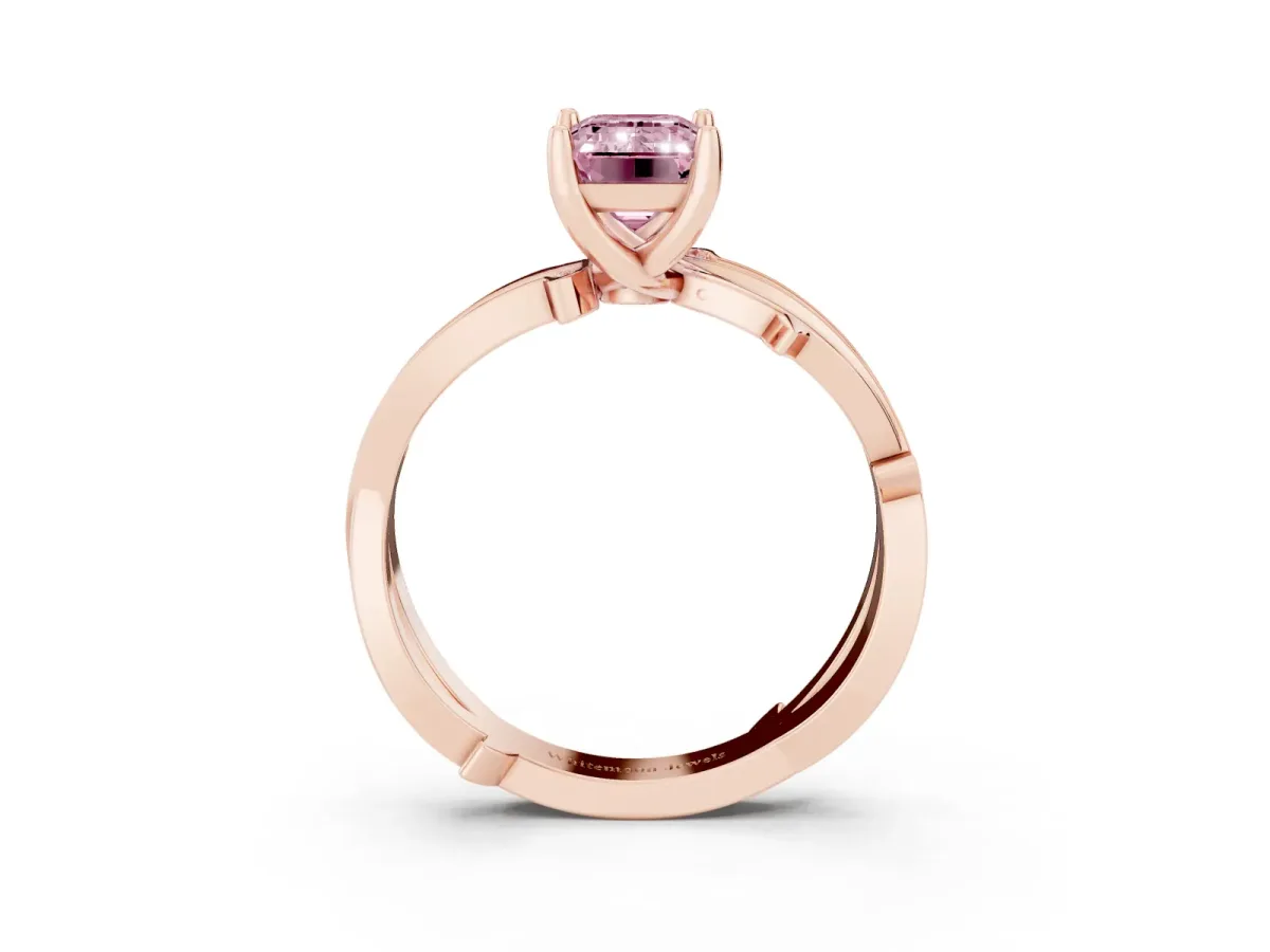 Fancy Pink Emerald Cut Solitaire Twist Band with Pavé Accents and Four-Prong Setting Rose gold