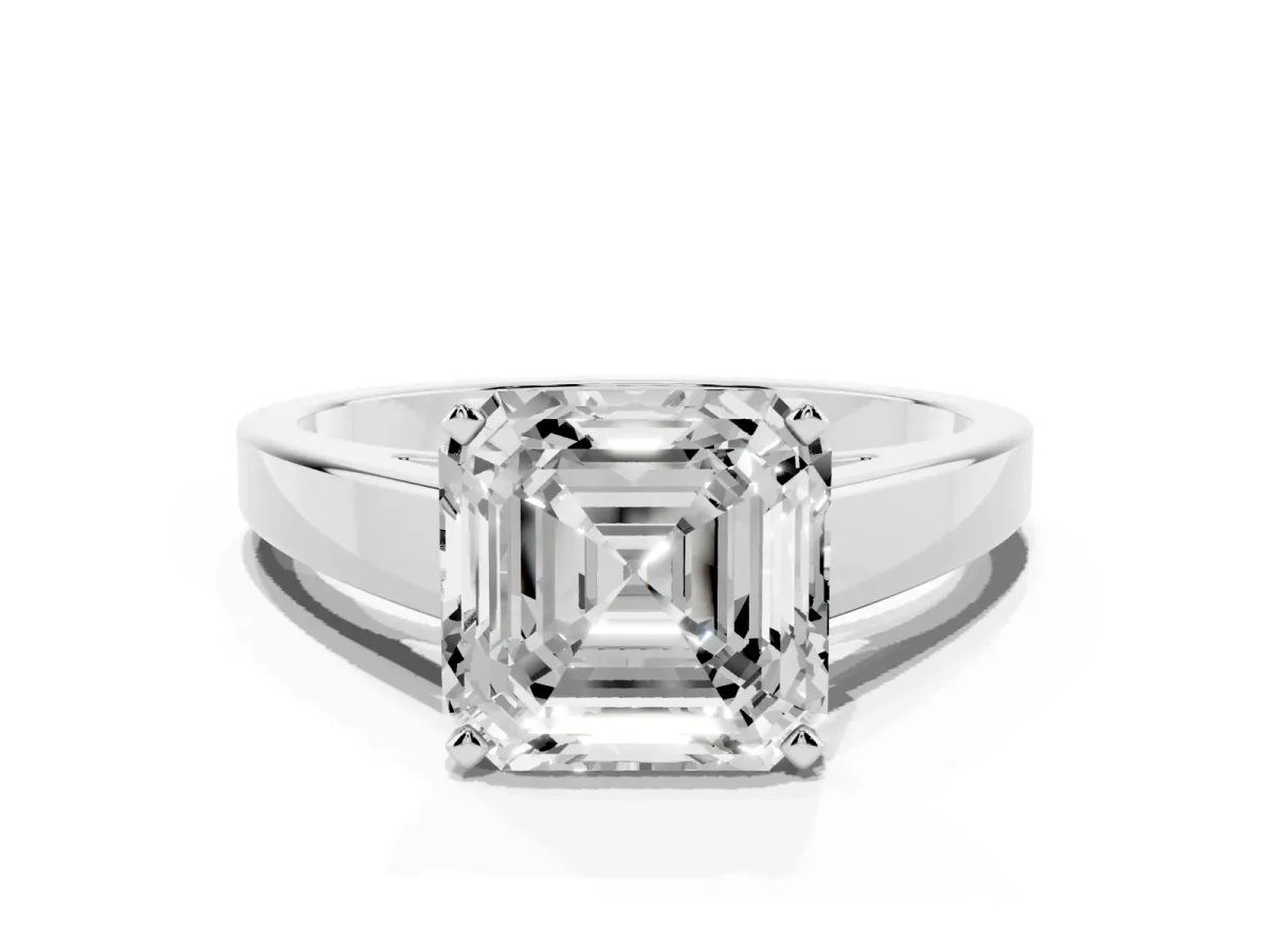Asscher Cut Solitaire Engagement Ring with Four-Prong Setting and Tapered Band Silver