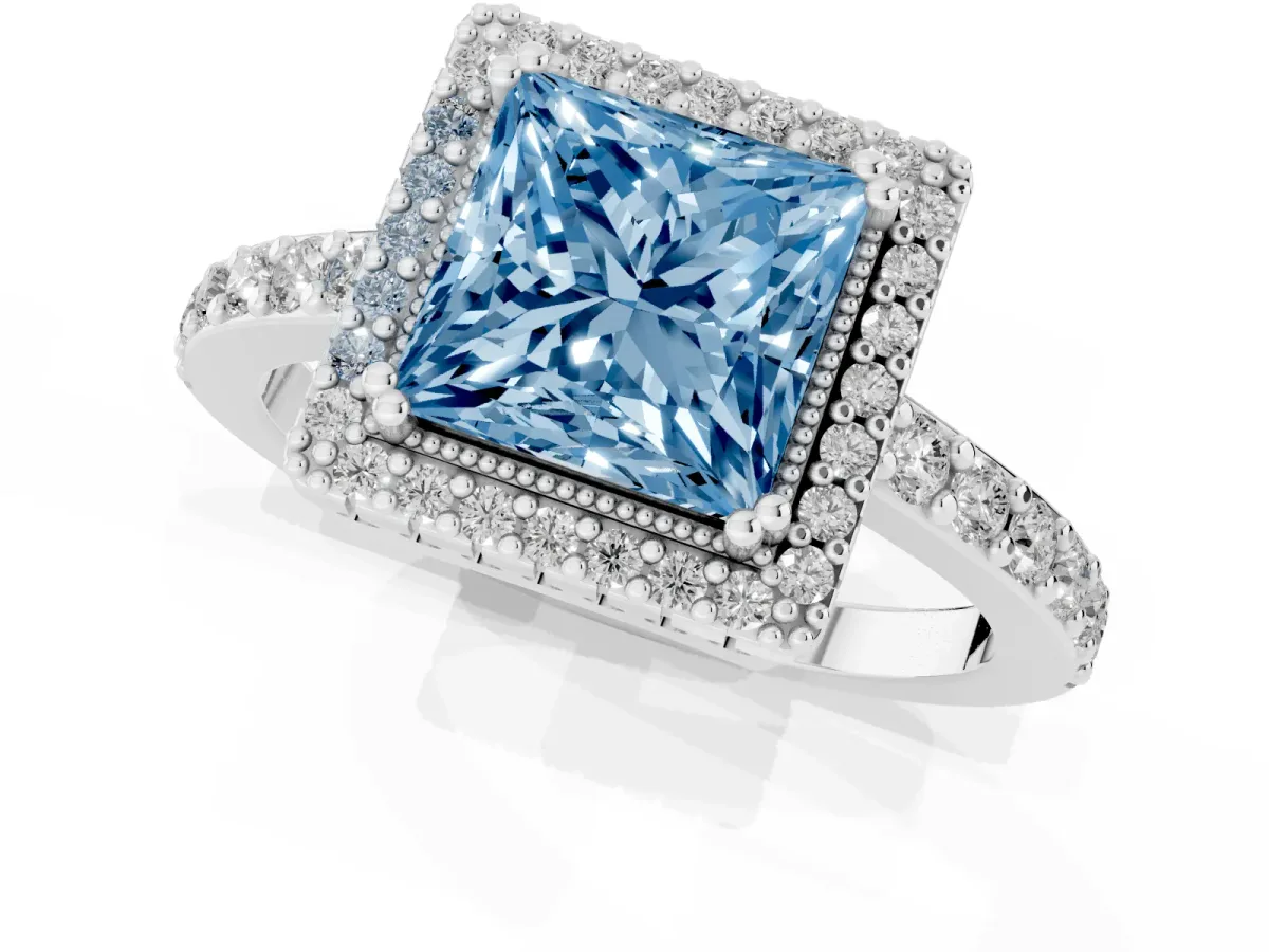 Fancy Blue Princess Cut Cut Diamond Halo Engagement Ring with Milgrain Detail and Pavé Band Platinum