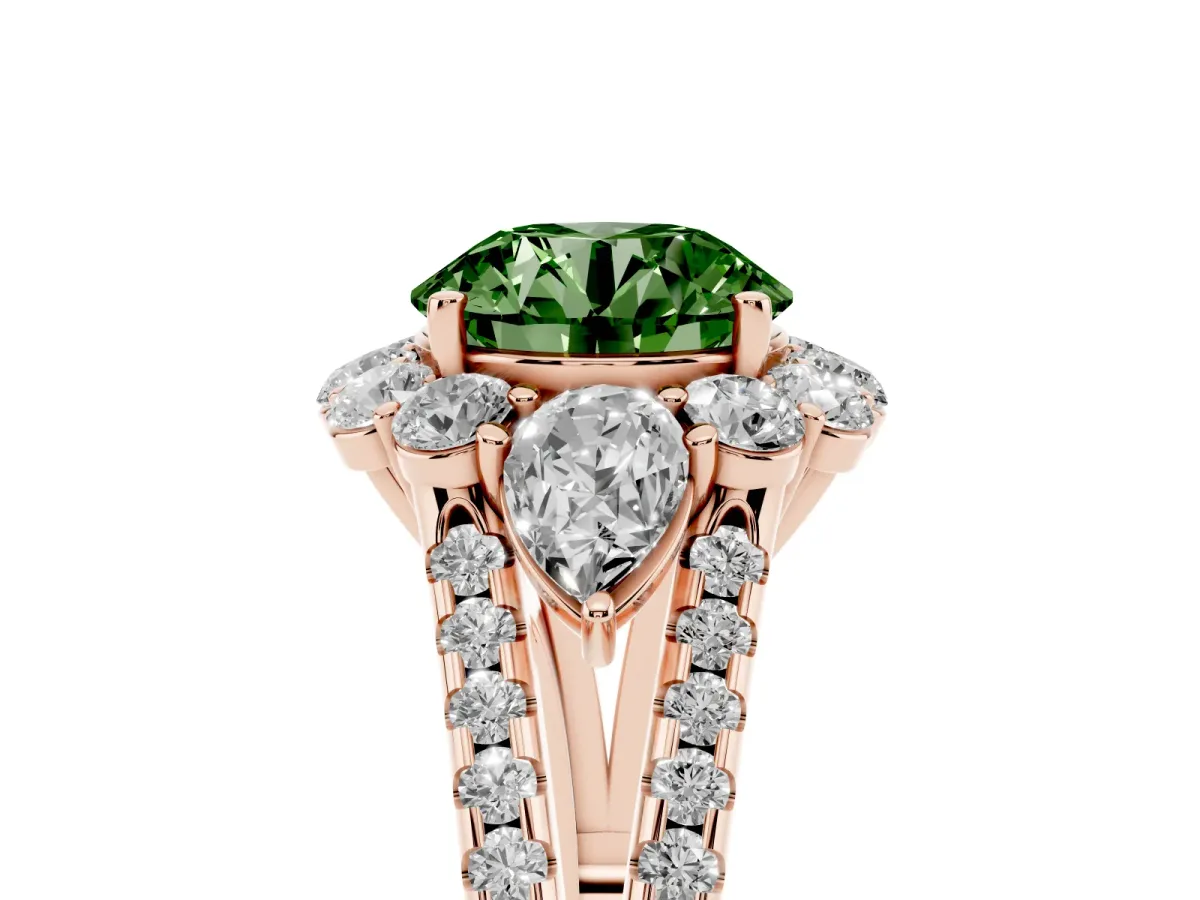 Fancy Green Round Cut Halo Split Shank Diamond Engagement Ring with Prong Setting Rose gold