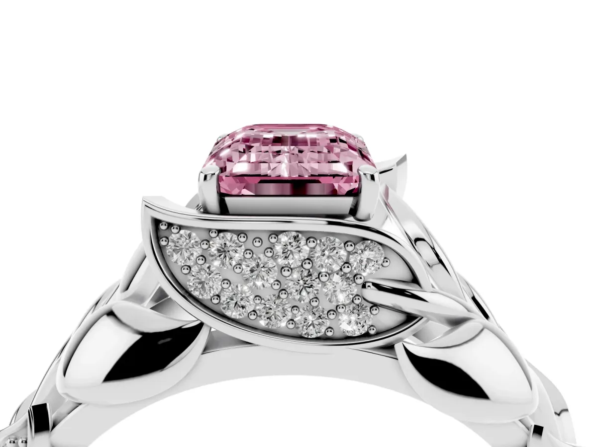 Fancy Pink Emerald Cut Diamond Leaf-Inspired Engagement Ring with Round Accents and Prong Setting Silver