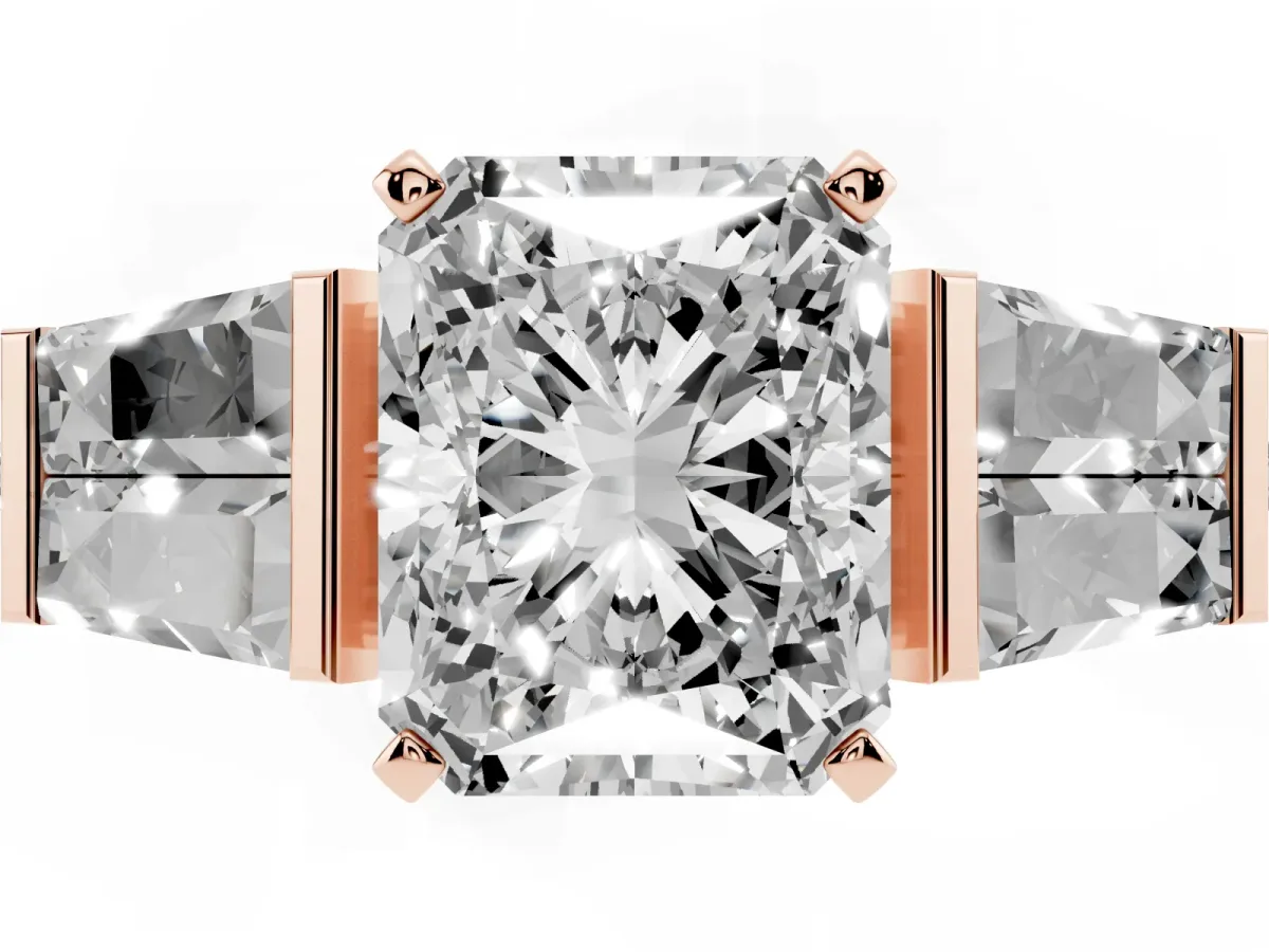 Radiant Cut Diamond Engagement Ring with Baguette Side Stones and Channel Set Band Rose gold