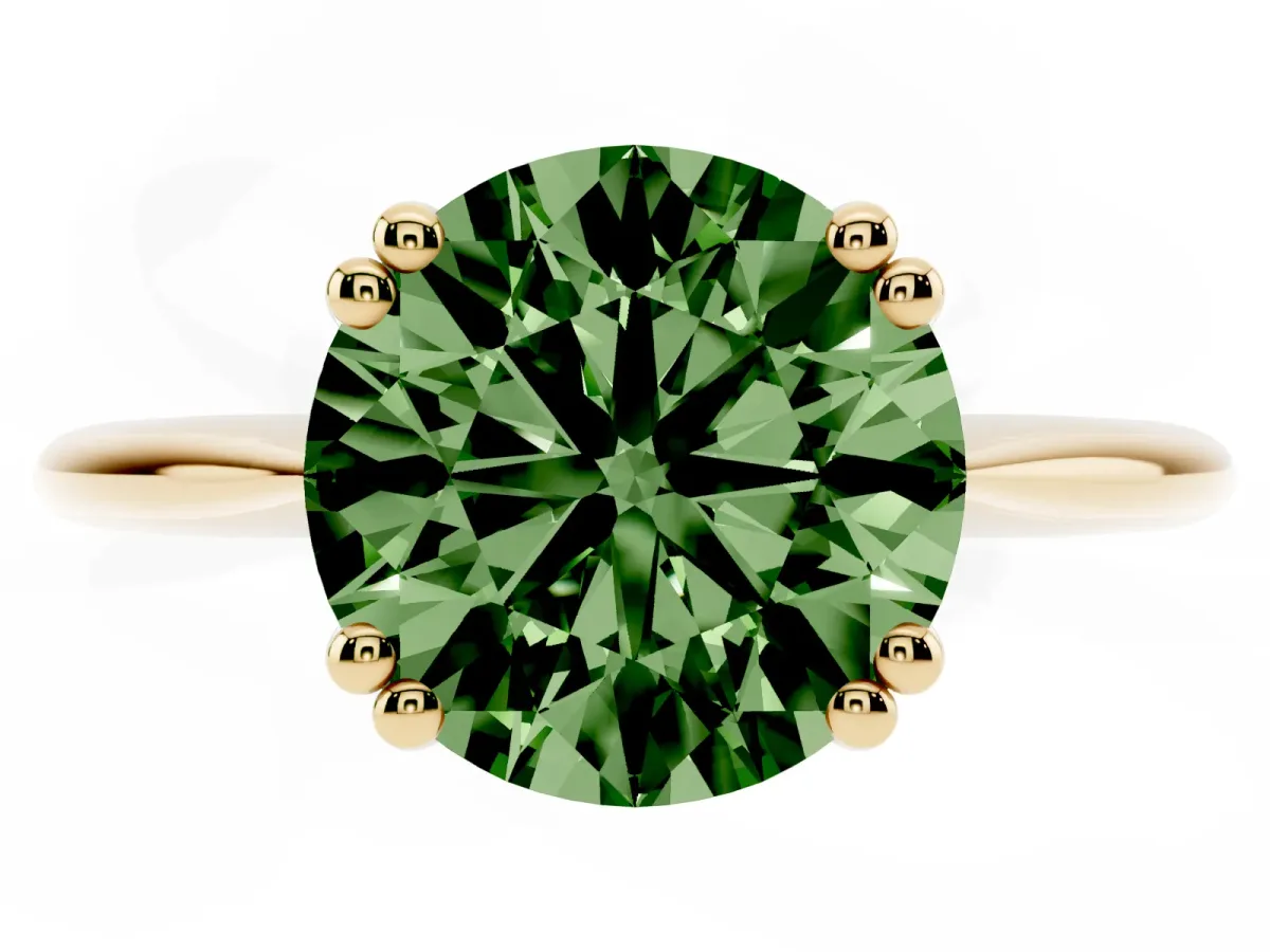 Fancy Green Round Cut Solitaire Diamond Ring with Six-Prong Setting and Classic Band Yellow gold