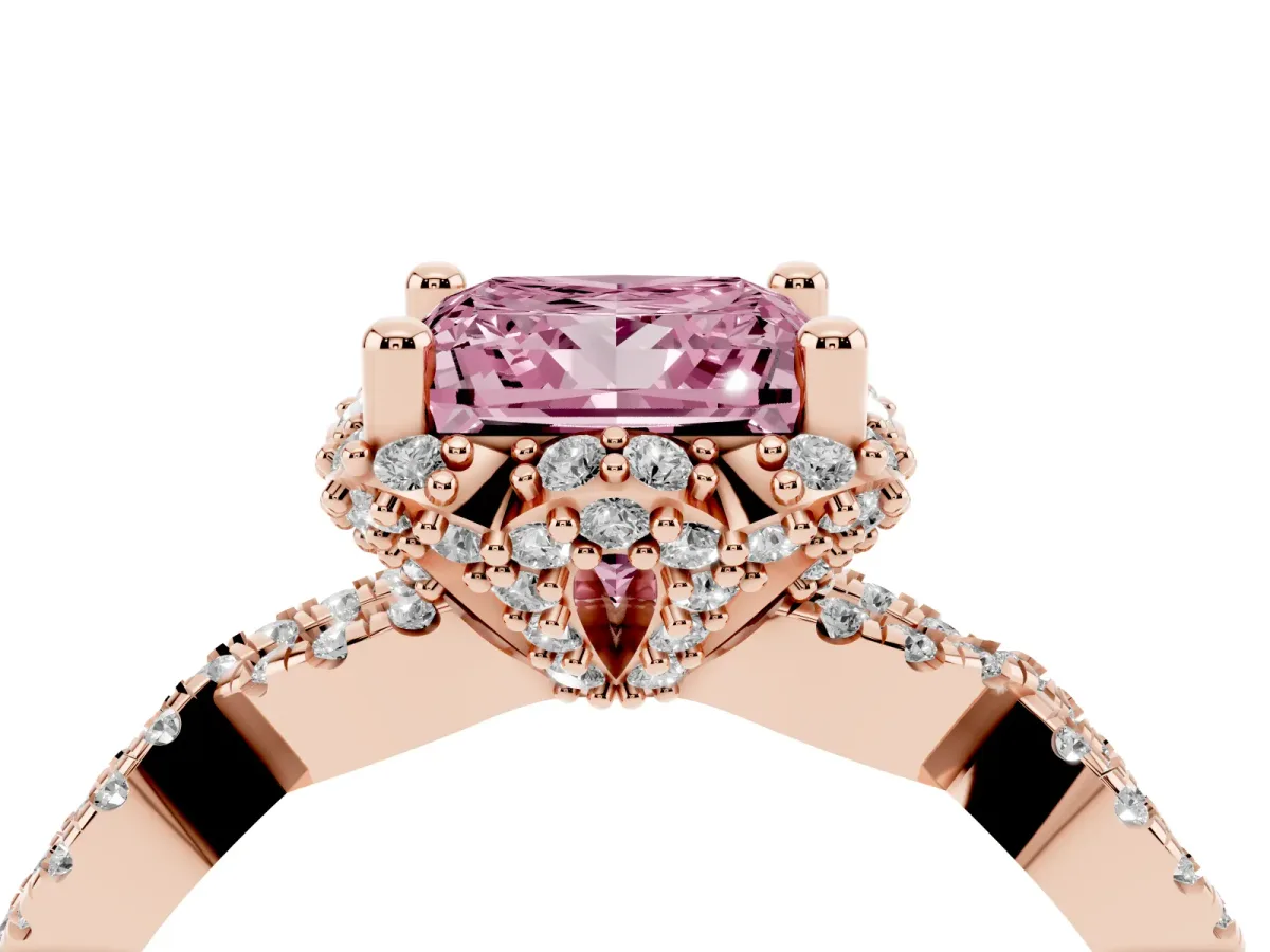 Fancy Pink Princess Cut Halo Twist Band Solitaire Ring with Six-Prong Setting Rose gold