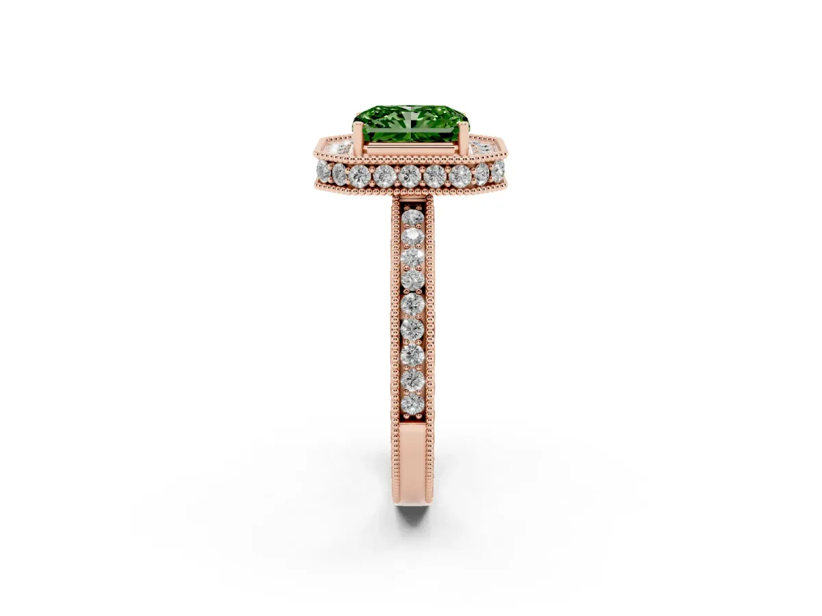 Fancy Green Radiant Cut Diamond Milgrain Halo Engagement Ring with Round Pavé Band and Prong Setting Rose gold