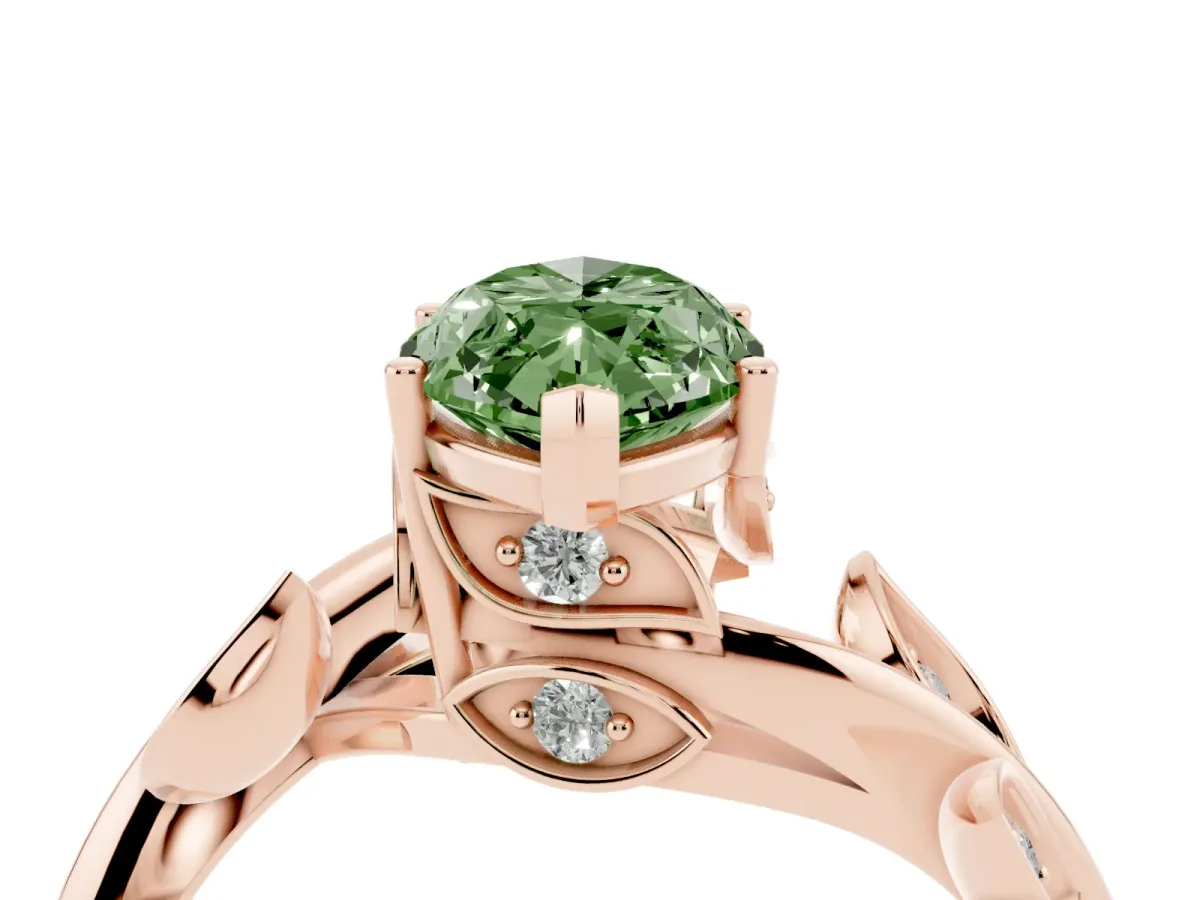 Fancy Green Marquise Cut Solitaire Twist Engagement Ring with Leaf Accents and Prong Setting Rose gold