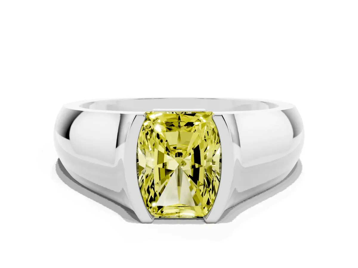 Fancy Yellow Radiant Cut Solitaire Bezel Set Diamond Ring with Wide Band Silver