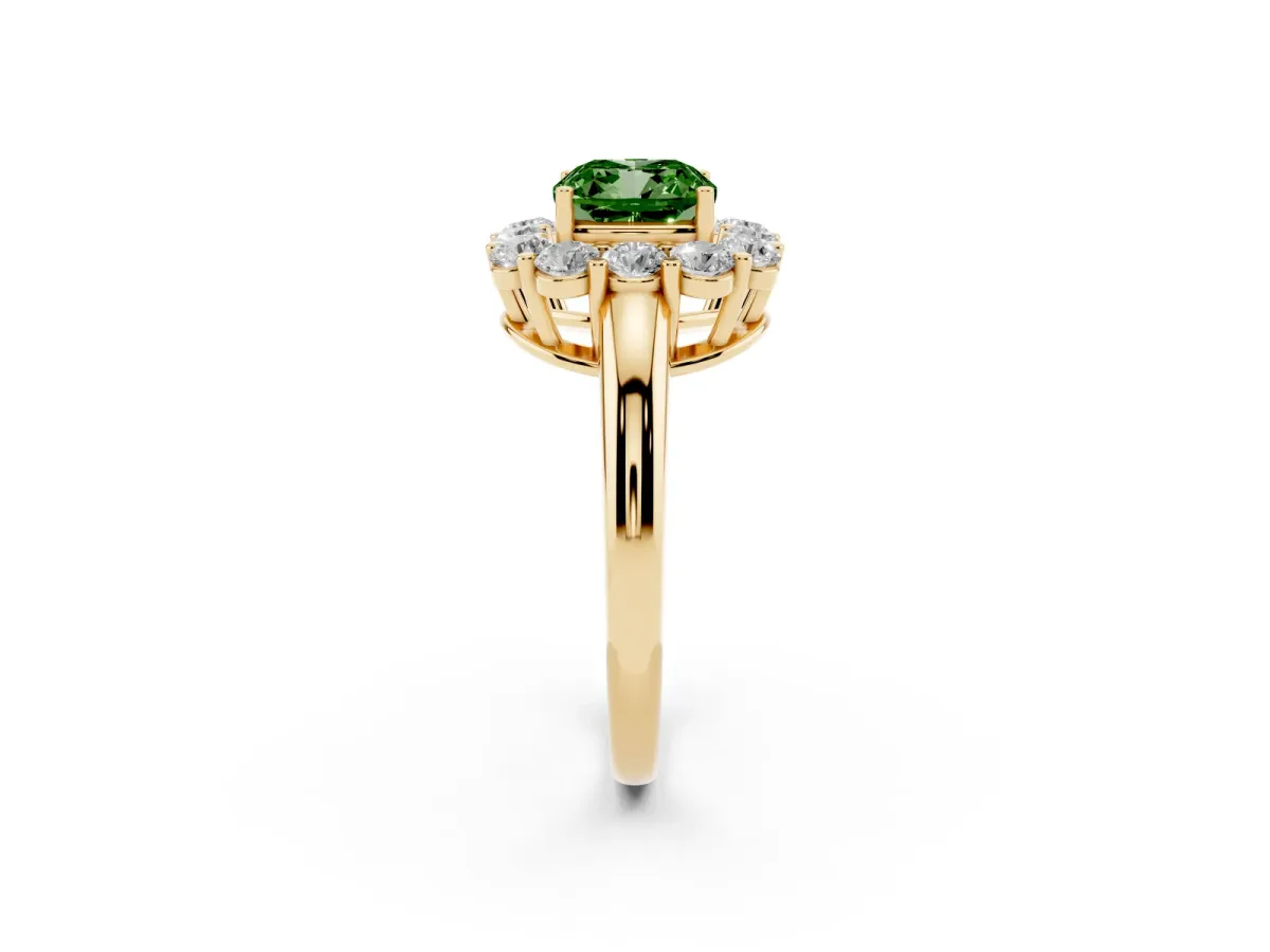 Fancy Green Cushion Cut Halo Cluster Diamond Engagement Ring with Prong Setting and Polished Band Yellow gold
