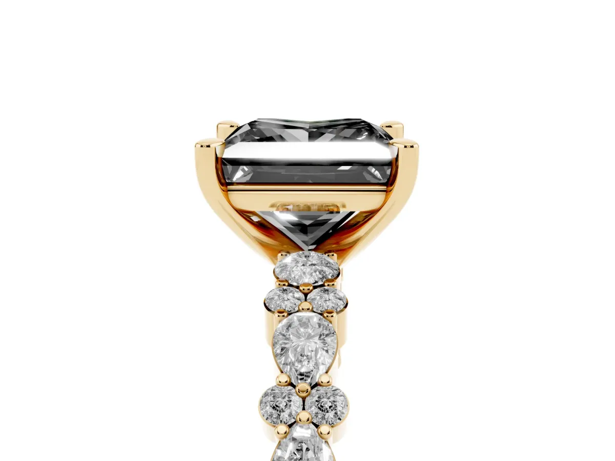 Fancy Black Princess Cut Diamond Side Stone Solitaire Ring with Round and Four-Prong Setting Yellow gold