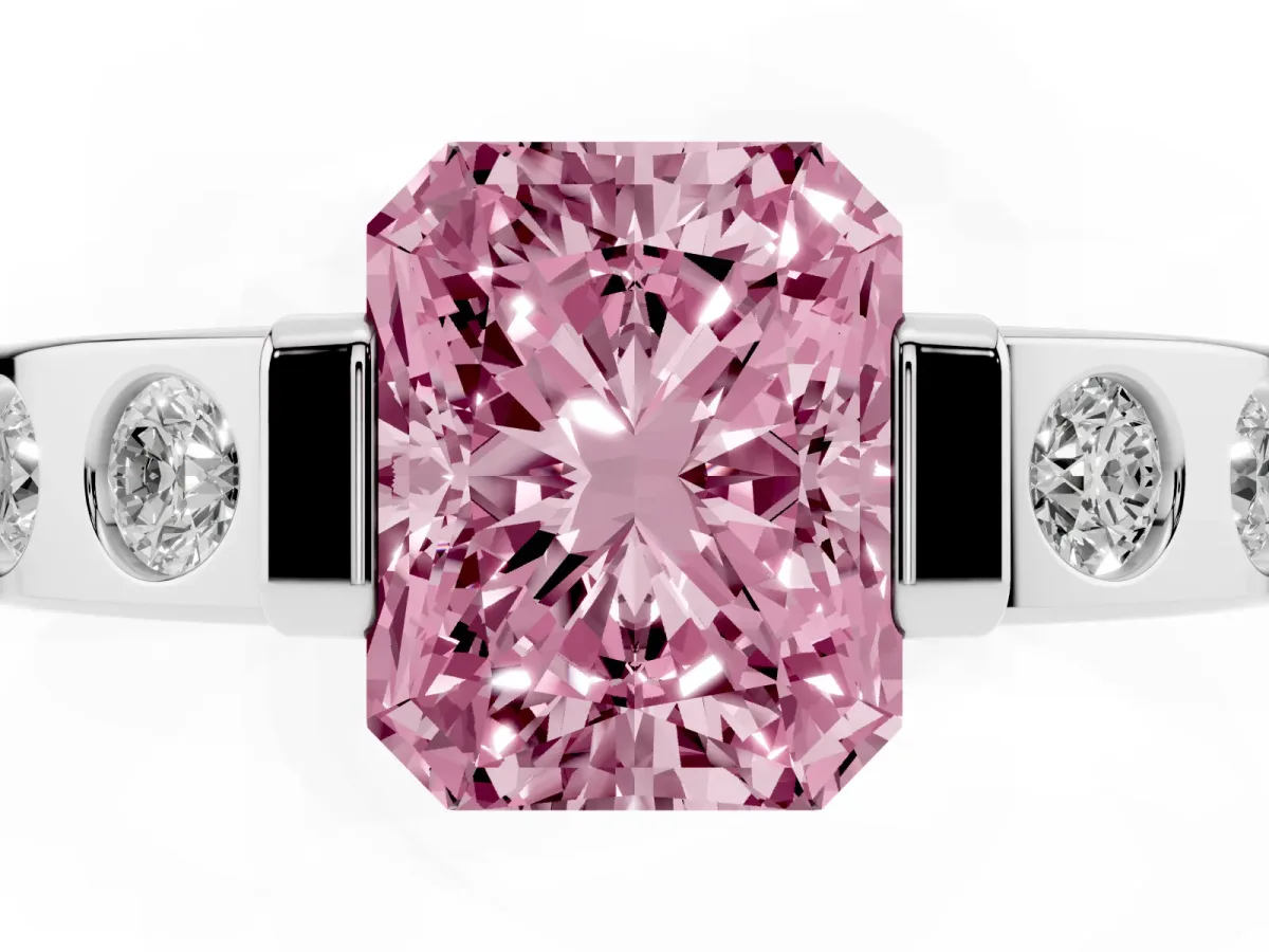 Fancy Pink Radiant Cut Brilliant Channel-Set Diamond Ring with Bezel Prong Setting Silver
