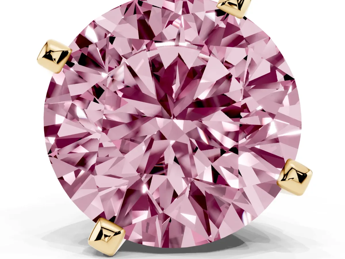 Fancy Pink Round Cut Diamond Solitaire Ring with Prong Setting and Classic Band Yellow gold