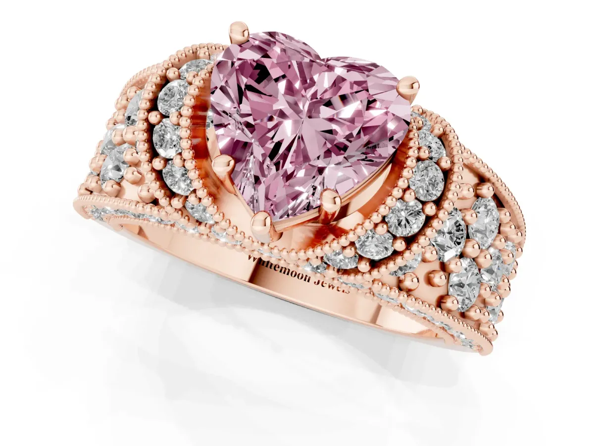 Fancy Pink Heart Cut Halo Pave Diamond Engagement Ring with Milgrain Detailing Rose gold