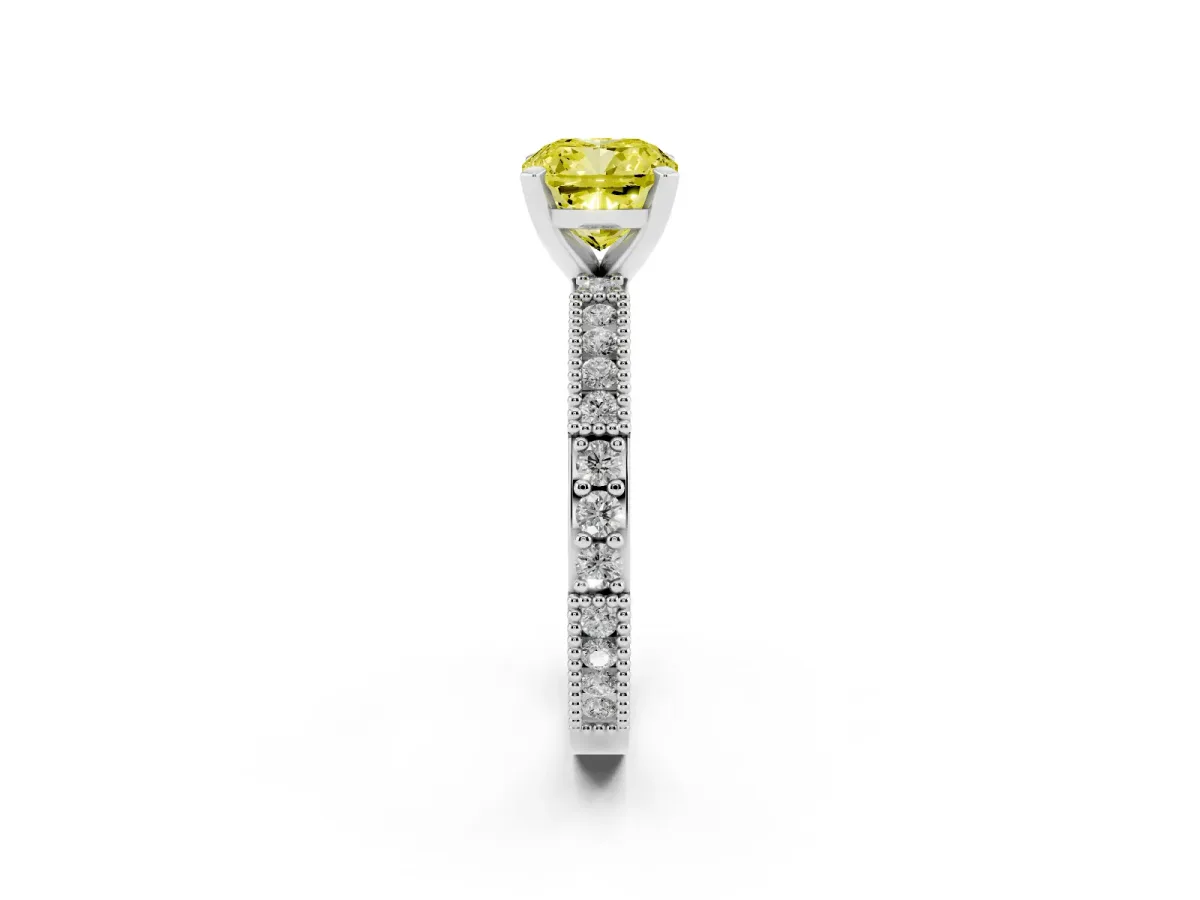 Fancy Yellow Cushion Cut Solitaire with Pavé Band and Four-Prong Setting Silver