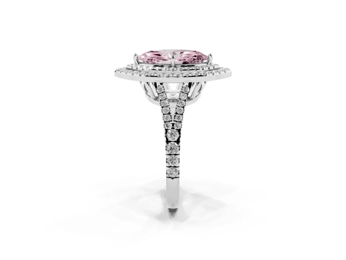 Fancy Pink Marquise Cut Diamond Double Halo Ring with Pavé Band and Prong Setting Silver