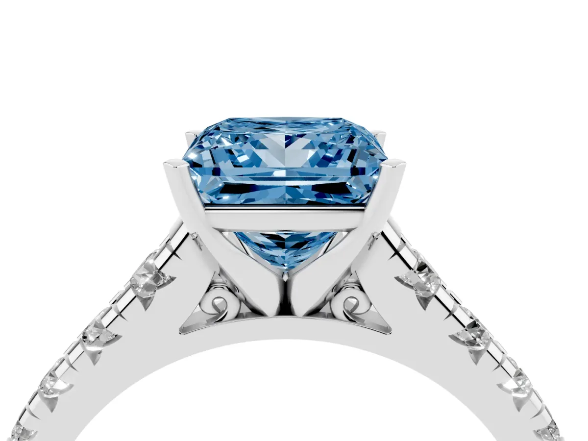 Fancy Blue Princess Cut Diamond Cathedral Solitaire Ring with Round Pavé Band Silver