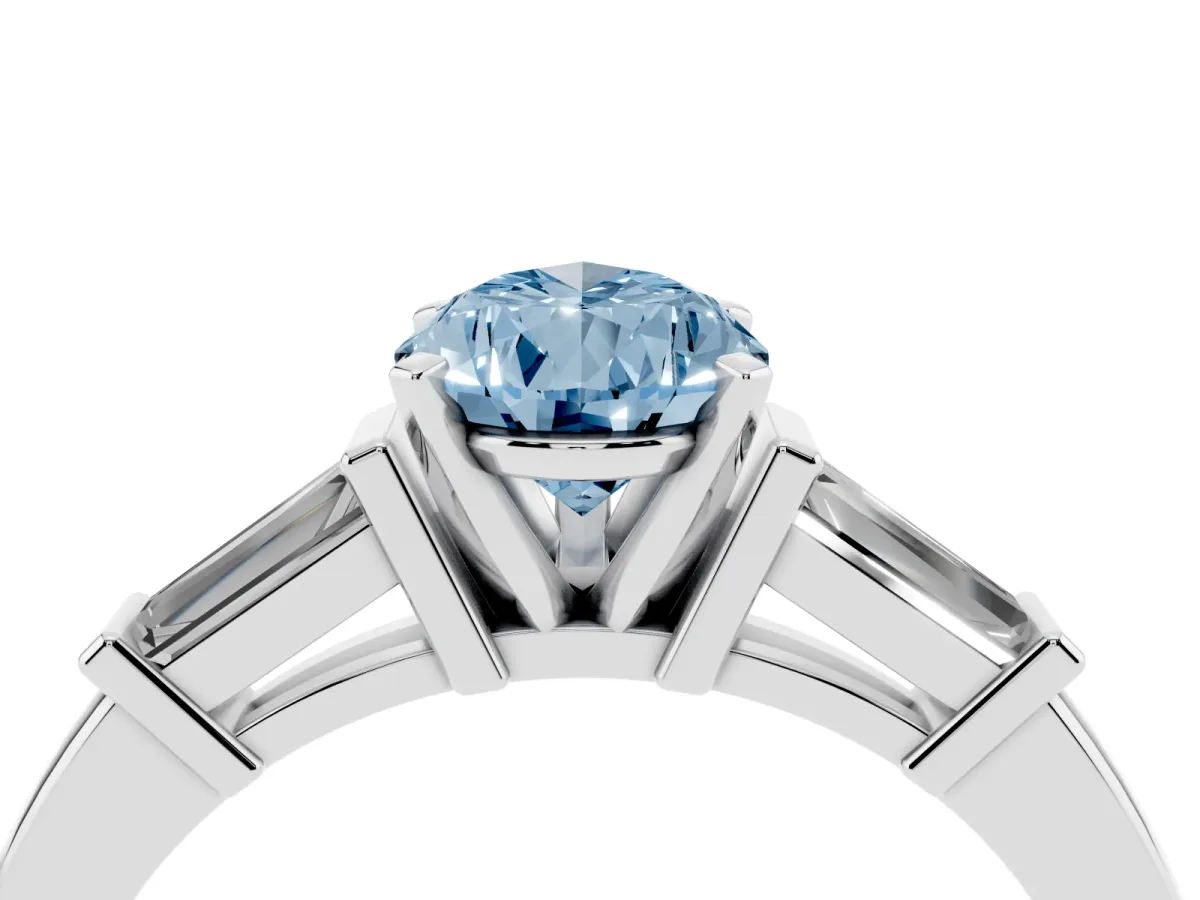 Fancy Blue Pear Cut Cut Diamond Solitaire Ring with Tapered Baguette Accents and Four-Prong Setting White gold